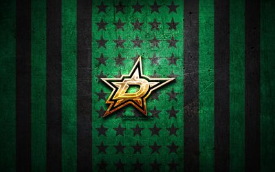 Dallas Stars-flagga, NHL, gr&#246;n svartmetallbakgrund, amerikansk hockeylag, Dallas Stars-logotyp, USA, hockey, gyllene logotyp, Dallas Stars