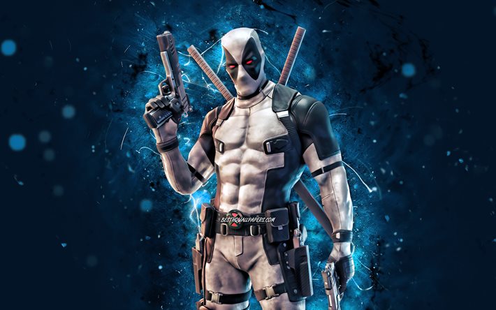 X-Force Deadpool, 4k, luzes de n&#233;on azuis, jogos de 2020, Fortnite Battle Royale, personagens Fortnite, X-Force Deadpool Skin, Fortnite, X-Force Deadpool Fortnite