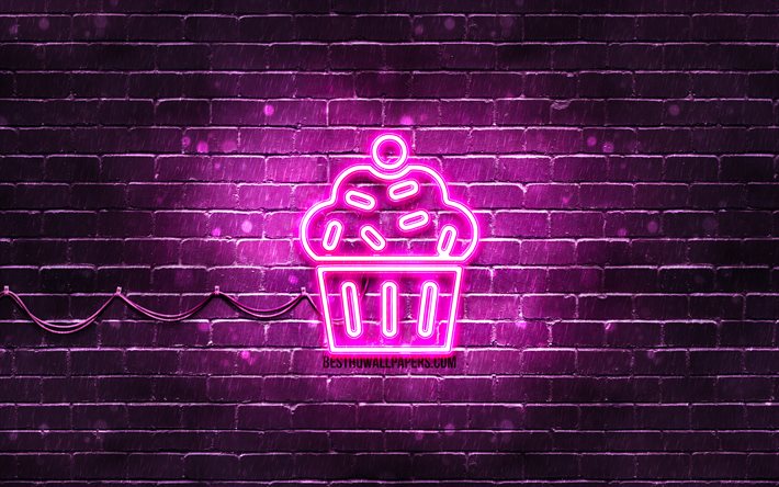Cupcake-neonikuvake, 4k, violetti tausta, neonisymbolit, Cupcake, neon-kuvakkeet, Cupcake-merkki, ruokakyltit, Cupcake-kuvake, ruokakuvakkeet