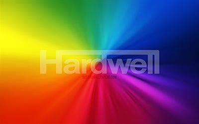 ハードウェルのロゴ, 4k, vortex, オランダのDJ, 虹の背景, ロバート・ファン・デ・コープ, 音楽スター, アートワーク, スーパースター, ハードウェル