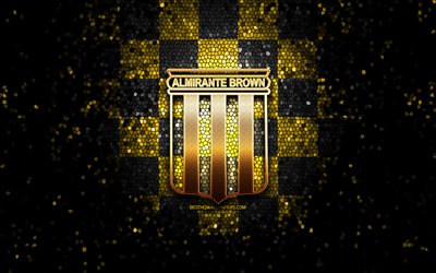 Club Almirante Brown, glitter logo, Primera Nacional, yellow black checkered background, soccer, argentinian football club, Almirante Brown logo, mosaic art, football, Almirante Brown FC