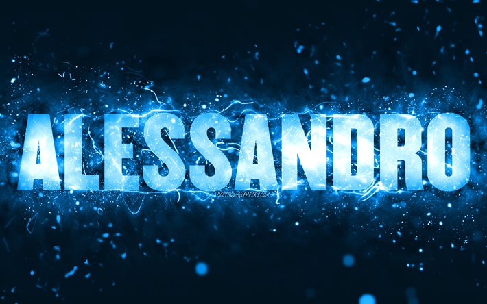 Happy Birthday Alessandro, 4k, blue neon lights, Alessandro name, creative, Alessandro Happy Birthday, Alessandro Birthday, popular american male names, picture with Alessandro name, Alessandro