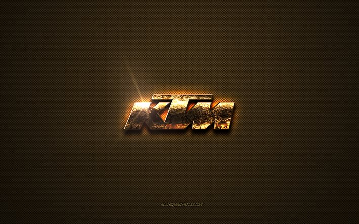 Logo KTM dorato, grafica, sfondo marrone in metallo, emblema KTM, logo KTM, marchi, KTM