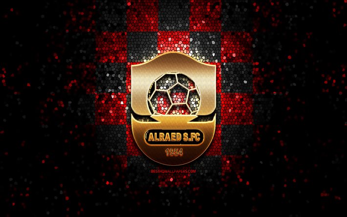 Al Raed FC, logotipo brilhante, Liga Profissional Saudita, fundo xadrez preto vermelho, futebol, clube de futebol saudita, logotipo Al Raed, arte em mosaico, Al-Raed