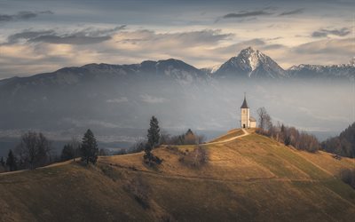 church in the mountains, evening, sunset, Slovenia, Alps, mountain landscape