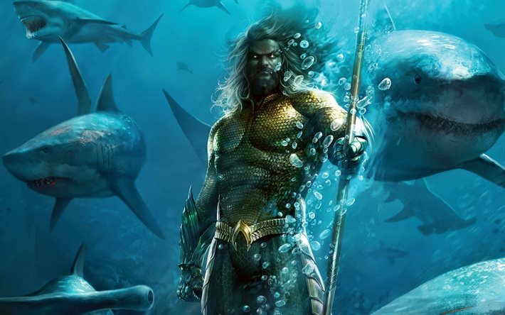 Aquaman, pelottavat hait, supersankarit, vedenalainen maailma, 3D-taide, Aquaman vedenalainen