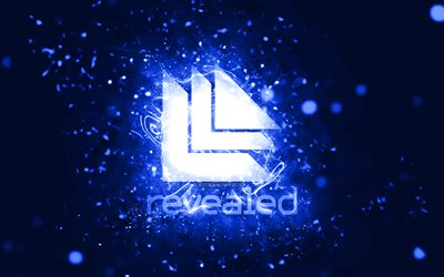 Revealed Recordings koyu mavi logo, 4k, koyu mavi neon ışıkları, yaratıcı, koyu mavi soyut arka plan, Revealed Recordings logosu, m&#252;zik etiketleri, Revealed Recordings