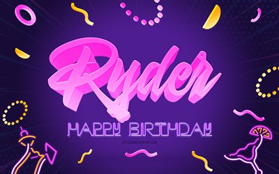 お誕生日おめでとうライダー, 4k, 紫のパーティーの背景, ライダー！, クリエイティブアート, ライダーの誕生日おめでとう, ライダー名, ライダーの誕生日, 誕生日パーティーの背景
