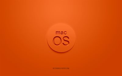 MacOS 3D logo, orange background, MacOS orange logo, 3D logo, MacOS emblem, MacOS, 3D art