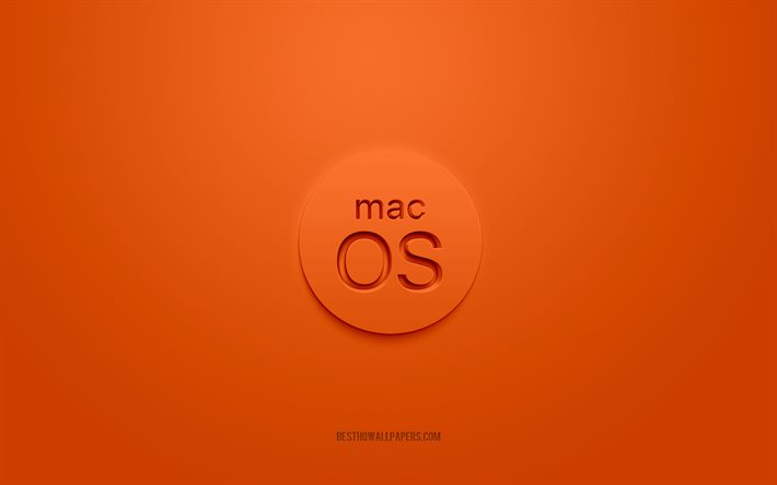 macos 3d-logo, orangefarbener hintergrund, macos-orange-logo, 3d-logo, macos-emblem, macos, 3d-kunst