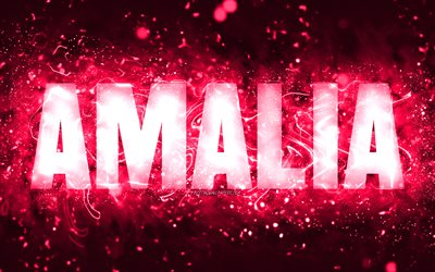 Happy Birthday Amalia, 4k, pink neon lights, Amalia name, creative, Amalia Happy Birthday, Amalia Birthday, popular american female names, picture with Amalia name, Amalia
