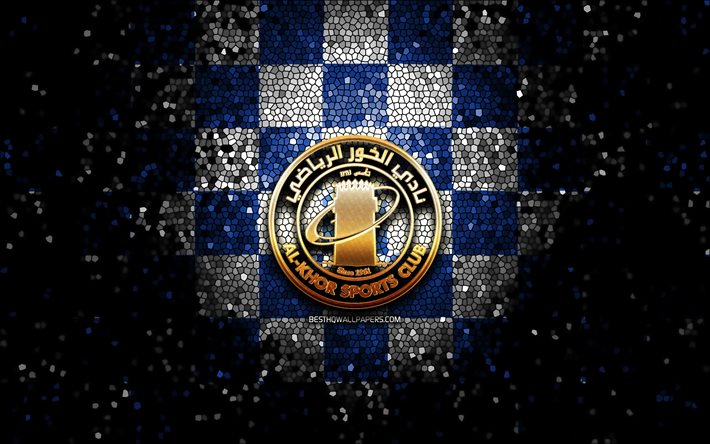 Al-Khor SC, logo glitterato, QSL, sfondo a scacchi bianco blu, calcio, squadra di calcio del qatari, logo Al-Khor, arte del mosaico, Al Khor, Al-Khor FC