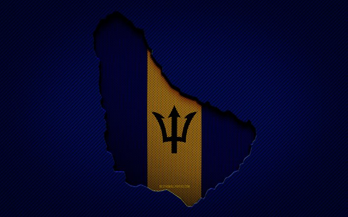 Mapa de Barbados, 4k, pa&#237;ses da Am&#233;rica do Norte, bandeira de Barbados, fundo de carbono azul, silhueta do mapa de Barbados, Am&#233;rica do Norte, Barbados