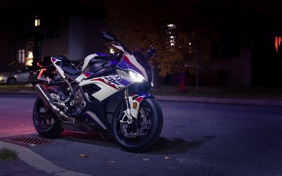 BMW S1000 RR, 2021, side view, exterior, night, new white S1000 RR, sportbikes, German sports motorcycles, BMW