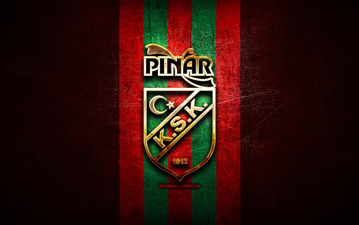 Pinar Karsiyaka, logotipo dourado, Basketbol Super Ligi, fundo de metal vermelho, time de basquete turco, Pinar Karsiyakalogo, basquete, Karsiyaka Basket