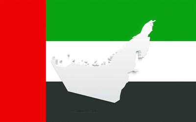 United Arab Emirates map silhouette, Flag of United Arab Emirates, silhouette on the flag, United Arab Emirates, 3d United Arab Emirates map silhouette, United Arab Emirates flag, United Arab Emirates 3d map