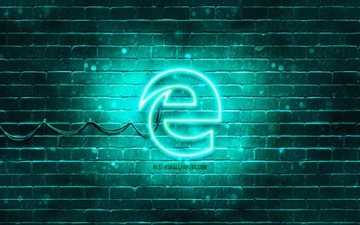 Microsoft Edge turkuaz logosu, 4k, turkuaz tuğla duvar, Microsoft Edge logosu, markalar, Microsoft Edge neon logosu, Microsoft Edge