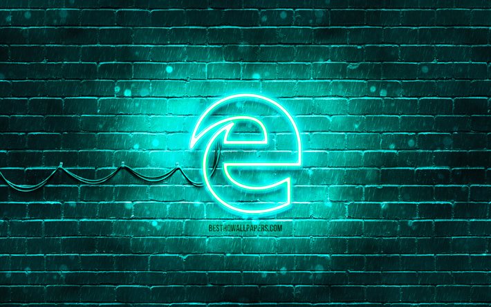 Microsoft Edge turkoosi logo, 4k, turkoosi tiilisein&#228;, Microsoft Edge -logo, tuotemerkit, Microsoft Edge neonlogo, Microsoft Edge