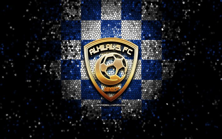 Al Hilal SFC, logo glitter, Saudi Professional League, blu sfondo a scacchi bianchi, calcio, squadra di calcio saudita, Al Hilal logo, arte del mosaico, Al Hilal, Al Hilal FC