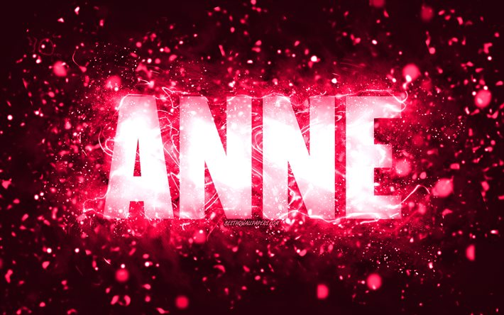 誕生日おめでとう, 4k, ピンクのネオンライト, アンの名前, creative クリエイティブ, アンの誕生日, 人気のアメリカ人女性の名前, アンの名前の写真, アンネ