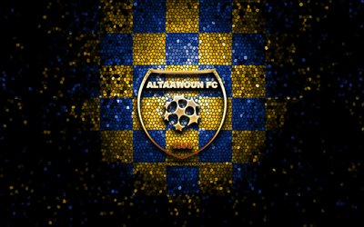 al taawoun fc, glitzer-logo, saudi professional league, blau-gelb karierter hintergrund, al-tawen, fußball, saudischer fußballverein, al taawoun-logo, mosaikkunst, al-taawoun