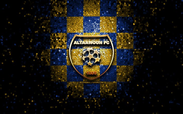Al Taawoun FC, logo glitter, Saudi Professional League, blu giallo sfondo a scacchi, Al-Tawen, calcio, club di calcio saudita, Al Taawoun logo, arte del mosaico, Al-Taawoun
