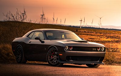 Dodge Challenger SRT Hellcat, exterior, front view, black coupe, tuning Dodge Challenger, evening, sunset, American sports cars, Dodge