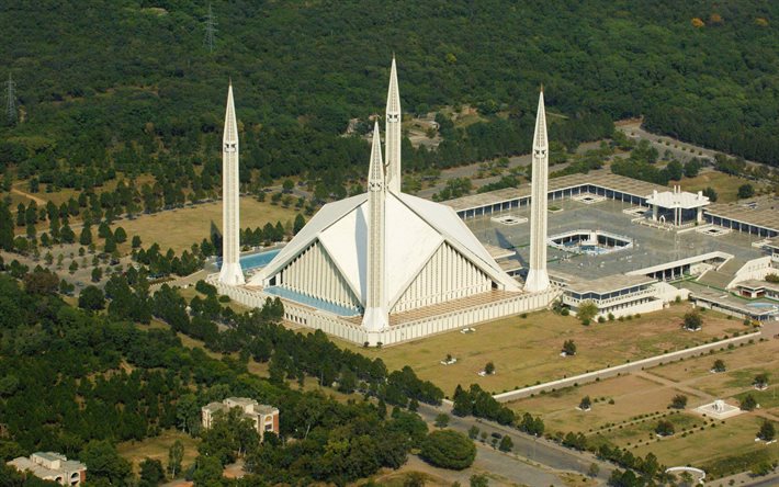Faisal Mosque, Islamabad, aerial view, National Mosque, Faisal Masjid, Islamabad Landmark, Pakistan
