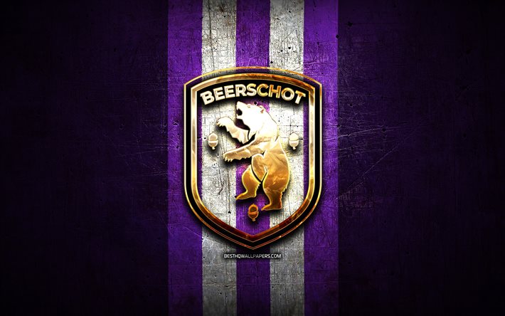 Beerschot FC, logo dor&#233;, Jupiler Pro League, fond m&#233;tal violet, football, club de football belge, logo K Beerschot VA, K Beerschot VA, Koninklijke Beerschot