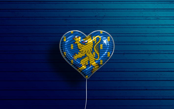 I Love Franche-Comte, 4k, realistic balloons, blue wooden background, Day of Franche-Comte, french provinces, flag of Franche-Comte, France, balloon with flag, Provinces of France, Franche-Comte flag, Franche-Comte