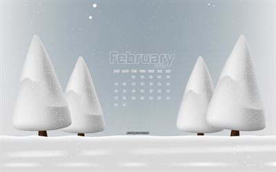2022 February calendar, 4k, winter landscape, winter, snow, 2022 calendars, February, February 2022 Calendar