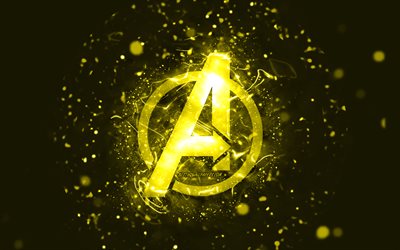 Avengers yellow logo, 4k, yellow neon lights, creative, yellow abstract background, Avengers logo, superheroes, Avengers