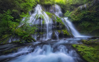 Panther Creek Şelalesi, şelale, akşam, Columbia River Gorge, Gifford Pinchot Ulusal Ormanı, dağ şelaleleri, Washington Eyaleti, ABD
