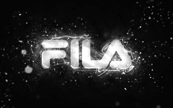 Fila valkoinen logo, 4k, valkoiset neon valot, luova, musta abstrakti tausta, Fila logo, tuotemerkit, Fila