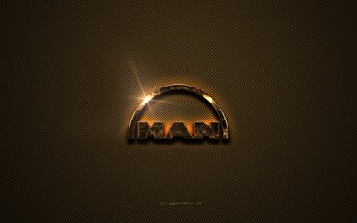 MAN golden logo, artwork, brown metal background, MAN emblem, MAN logo, brands, MAN