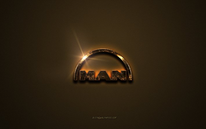 Logotipo dourado da MAN, arte, fundo de metal marrom, emblema da MAN, logotipo da MAN, marcas, MAN