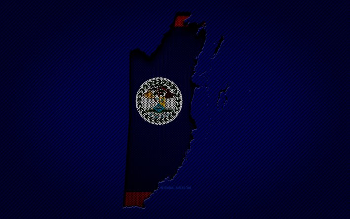 Carte du Belize, 4k, pays d&#39;Am&#233;rique du Nord, drapeau du Belize, fond bleu carbone, silhouette de la carte du Belize, Am&#233;rique du Nord, Belize