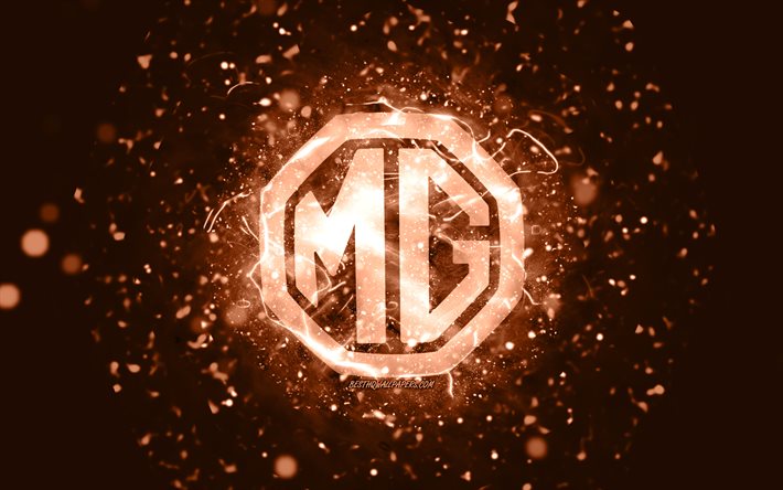 MG ruskea logo, 4k, ruskeat neonvalot, luova, ruskea abstrakti tausta, MG-logo, automerkit, MG