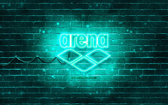 Arenan turkoosi logo, 4k, turkoosi tiilisein&#228;, Arenan logo, tuotemerkit, Arena neon logo, Arena