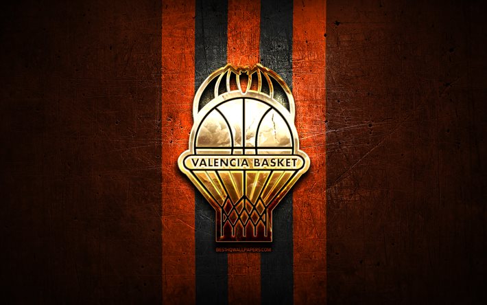 valencia basket club, goldenes logo, acb, orangefarbener metallhintergrund, spanische basketballmannschaft, logo des valencia basket club, basketball, valencia bc