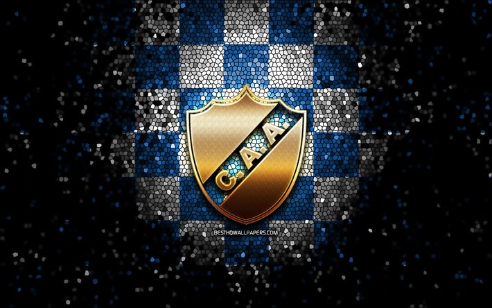 CA Alvarado, logotipo com glitter, Primera Nacional, fundo xadrez branco azul, futebol, clube de futebol argentino, logotipo do Alvarado, arte em mosaico, Alvarado FC, Club Atletico Alvarado