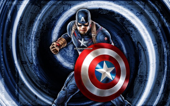 4k, Captain America, fond bleu grunge, super-h&#233;ros, Marvel Comics, Steven Rogers, vortex, Captain America 4K, Cartoon Captain America