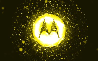 Motorola yellow logo, 4k, yellow neon lights, creative, yellow abstract background, Motorola logo, brands, Motorola