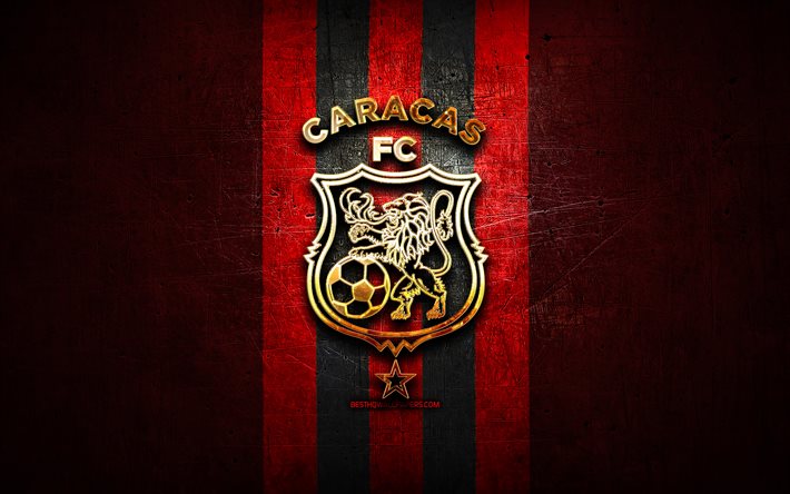 Caracas FC, golden logo, La Liga FutVe, red metal background, football, Venezuelan football club, Caracas FC logo, soccer, Venezuelan Primera Division, FC Caracas