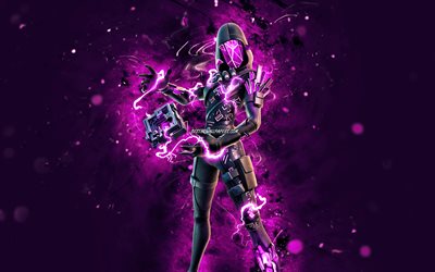 Cube Assassin, 4k, violetit neonvalot, Fortnite Battle Royale, Fortnite-hahmot, Cube Assassin Skin, Fortnite, Cube Assassin Fortnite