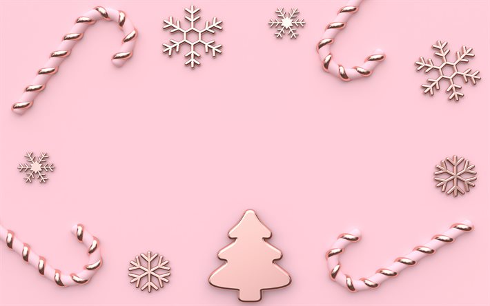 pink xmas decorations, 4k, New Year decoration, xmas 3D decorations, christmas frames, pink backgrounds, christmas decorations, Happy New Year, Merry Christmas, new year concepts, xmas frames