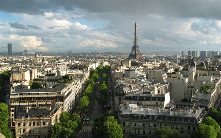 Torre Eiffel, Parigi, sera, tramonto, edifici, strade, panorama di Parigi, paesaggio urbano di Parigi, Francia