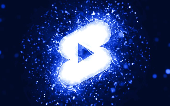 Youtubeショーツダークブルーのロゴ, 4k, ダークブルーのネオンライト, creative クリエイティブ, 濃い青の抽象的な背景, Youtubeショーツロゴ, ソーシャルネットワーク, Youtubeショーツ