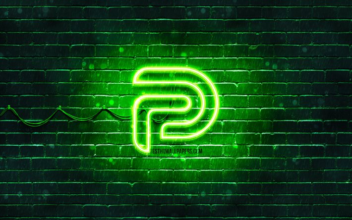 Parler logo vert, 4k, mur de briques vert, logo Parler, r&#233;seaux sociaux, logo n&#233;on Parler, Parler