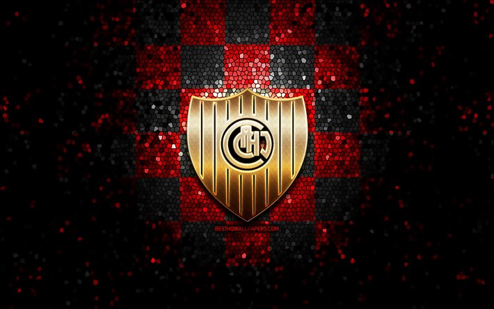 CA Chacarita Juniors, glitter logo, Primera Nacional, red black checkered background, soccer, argentinian football club, Chacarita Juniors logo, mosaic art, football, Chacarita Juniors FC